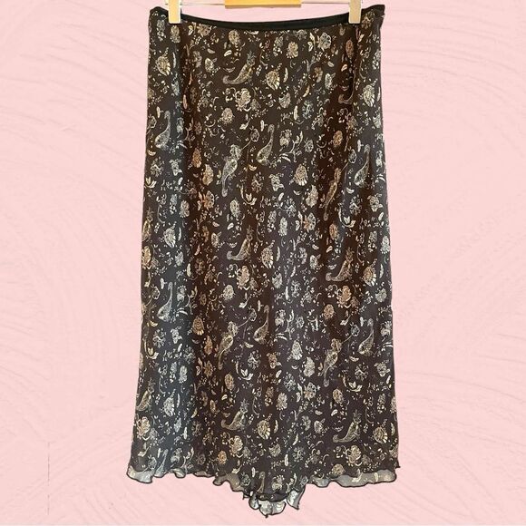 Vintage 90s brown paisley skirt lettuce hem ruffled - Picture 2 of 13